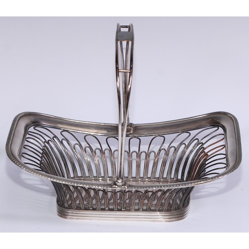 16 - A George III Old Sheffield Plate rope-twist wirework boat shaped cake basket, reeded borders and loo... 