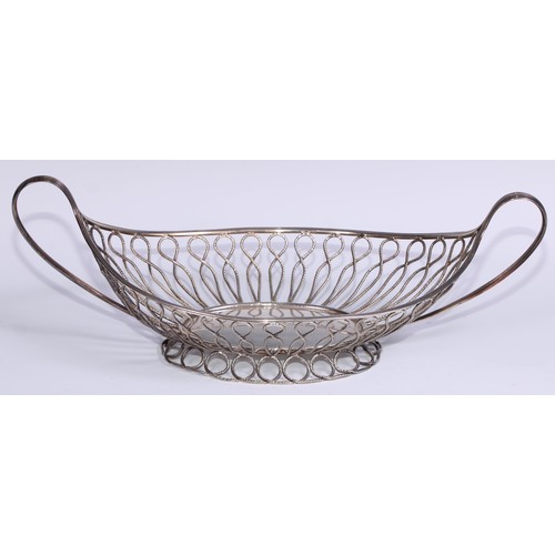 16 - A George III Old Sheffield Plate rope-twist wirework boat shaped cake basket, reeded borders and loo... 