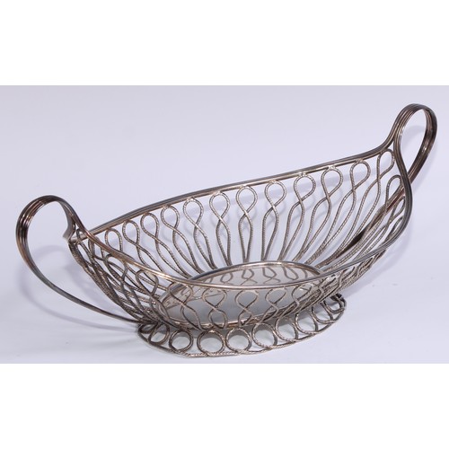 16 - A George III Old Sheffield Plate rope-twist wirework boat shaped cake basket, reeded borders and loo... 