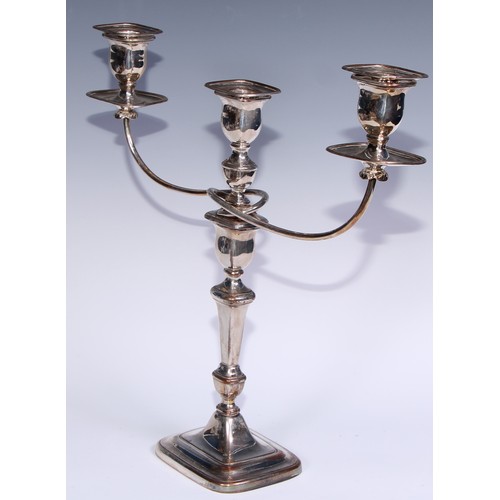 26 - A pair of George III Old Sheffield Plate three-light table candelabra, rectangular campana sconces, ... 