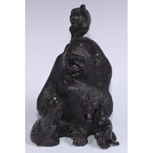 757 - Japanese School (Meiji period), a brown patinated bronze group, of a monkey and young, clambering pl... 