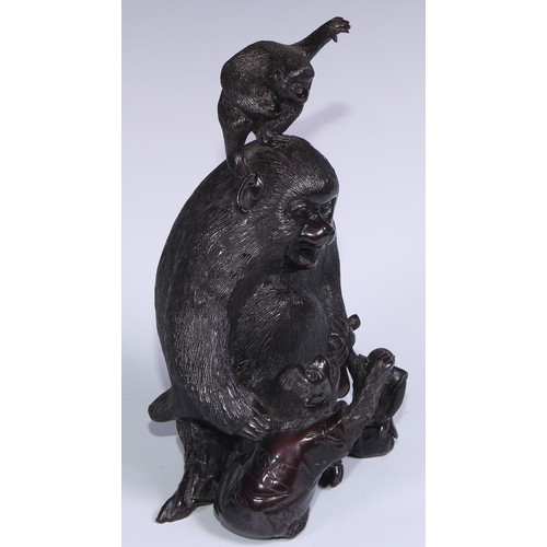 757 - Japanese School (Meiji period), a brown patinated bronze group, of a monkey and young, clambering pl... 