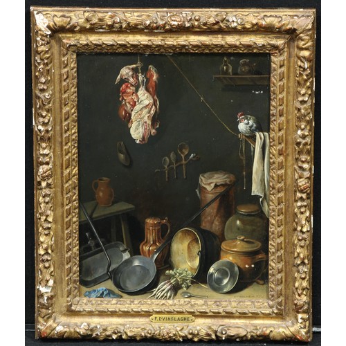 663 - F Dvinslaghe (18th century)
Still Life, Kitchen with Pans, Chicken and Hanging Meat
signed, initiall... 