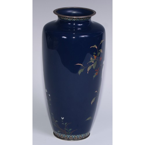 803 - A Japanese silver mounted cloisonné ovoid vase, decorated in polychrome with a parrot on a leafy bra... 