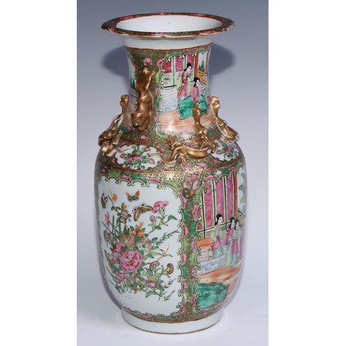 764 - A Cantonese famille rose ovoid vase, brightly painted with Chinese figures, butterflies, flowers and... 