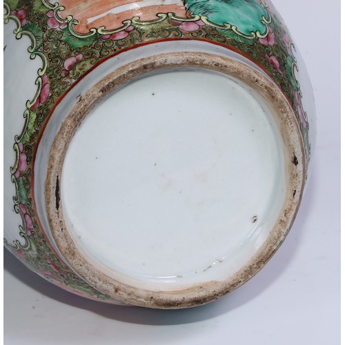 764 - A Cantonese famille rose ovoid vase, brightly painted with Chinese figures, butterflies, flowers and... 