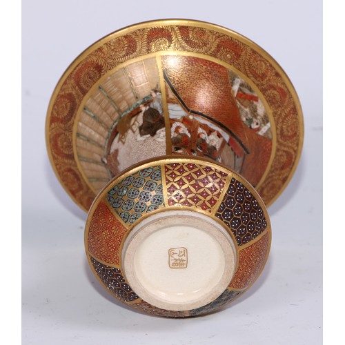 787 - A pair of Japanese satsuma waisted ovoid vases, finely painted with figures in a pagoda landscape, b... 