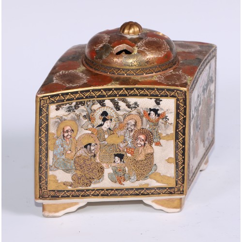 767 - A Japanese satsuma lozenge shaped koro and cover, painted and gilt with figures and dense flowers, 1... 