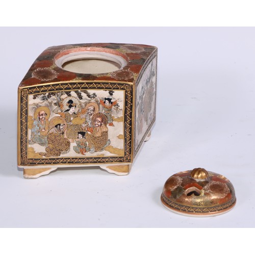 767 - A Japanese satsuma lozenge shaped koro and cover, painted and gilt with figures and dense flowers, 1... 