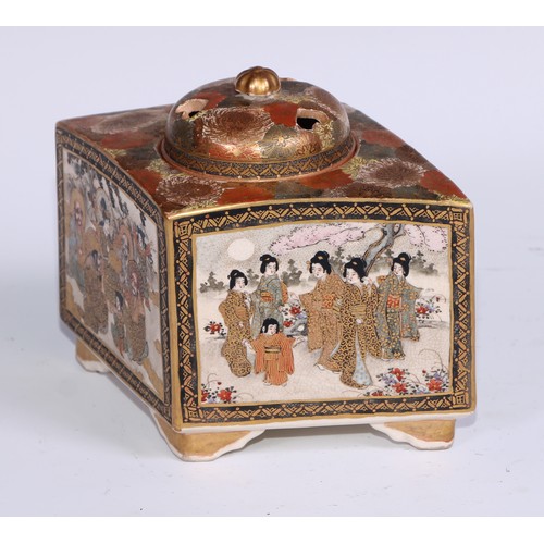 767 - A Japanese satsuma lozenge shaped koro and cover, painted and gilt with figures and dense flowers, 1... 