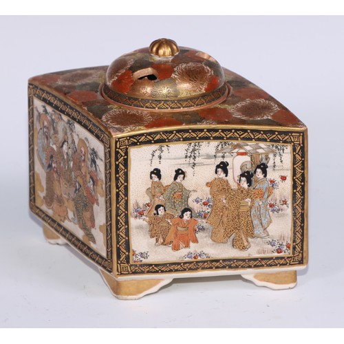 767 - A Japanese satsuma lozenge shaped koro and cover, painted and gilt with figures and dense flowers, 1... 