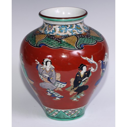 786 - A pair of Japanese ovoid vases, painted in polychrome with figures on a cinnabar ground, 26cm high, ... 