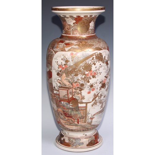 776 - A large Japanese satsuma ovoid vase, painted and gilt with figures, to verso with birds and a cage o... 