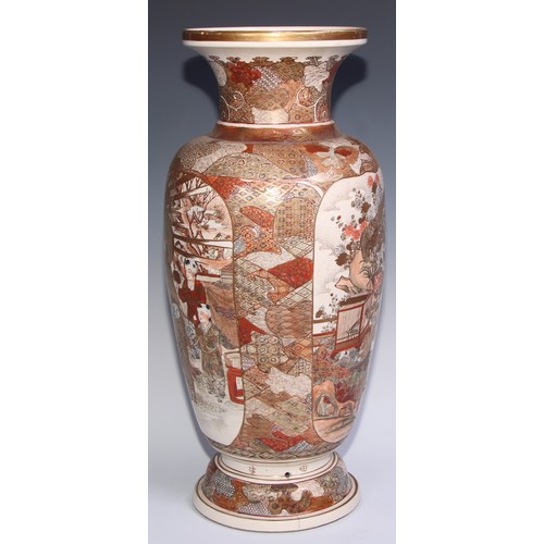 776 - A large Japanese satsuma ovoid vase, painted and gilt with figures, to verso with birds and a cage o... 