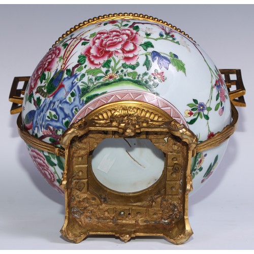 795 - An ormolu mounted Chinese ovoid jardiniere, painted in polychrome enamels in the famille rose palett... 