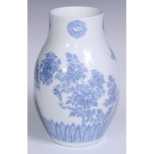 785 - A pair of Japanese ovoid vases delicately painted in tones of pale blue with chrysanthemums, butterf... 