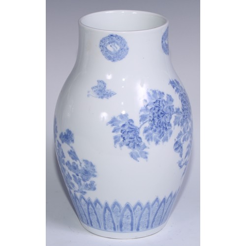 785 - A pair of Japanese ovoid vases delicately painted in tones of pale blue with chrysanthemums, butterf... 