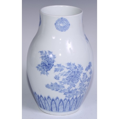 785 - A pair of Japanese ovoid vases delicately painted in tones of pale blue with chrysanthemums, butterf... 