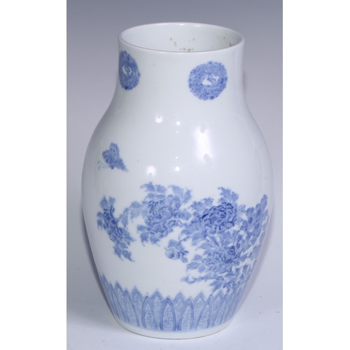 785 - A pair of Japanese ovoid vases delicately painted in tones of pale blue with chrysanthemums, butterf... 