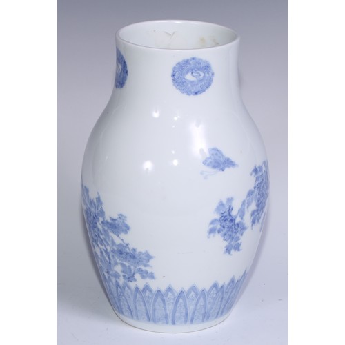 785 - A pair of Japanese ovoid vases delicately painted in tones of pale blue with chrysanthemums, butterf... 