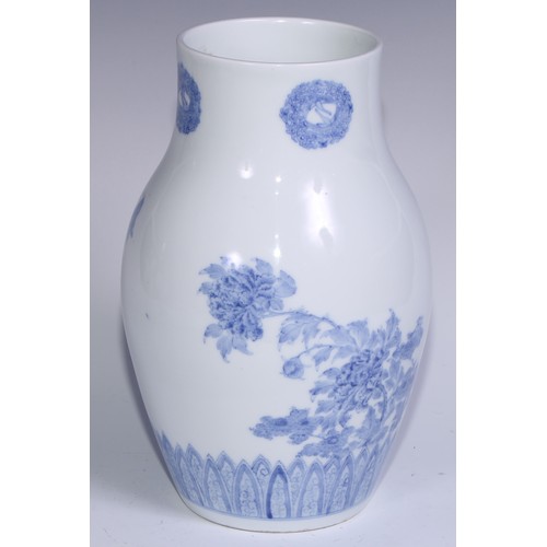 785 - A pair of Japanese ovoid vases delicately painted in tones of pale blue with chrysanthemums, butterf... 