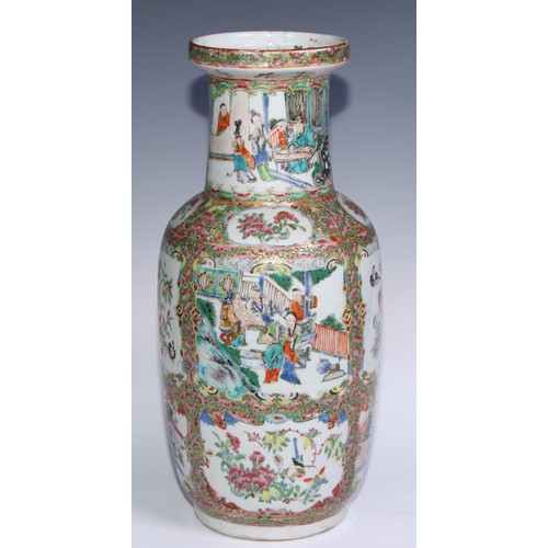 778 - A pair of Cantonese famille rose roleau vases, painted with Chinese figures, butterflies, flowers an... 