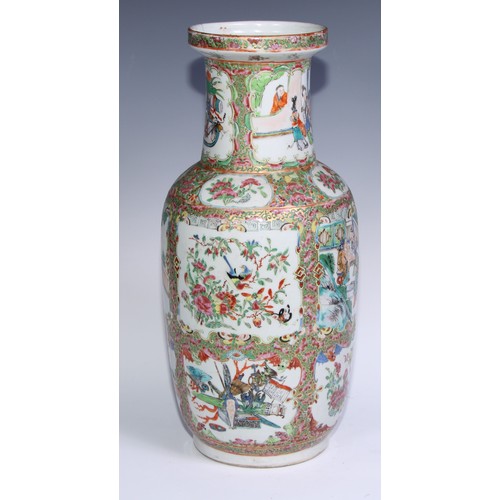 778 - A pair of Cantonese famille rose roleau vases, painted with Chinese figures, butterflies, flowers an... 