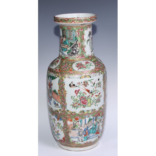 778 - A pair of Cantonese famille rose roleau vases, painted with Chinese figures, butterflies, flowers an... 