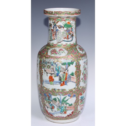 778 - A pair of Cantonese famille rose roleau vases, painted with Chinese figures, butterflies, flowers an... 