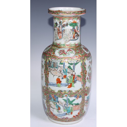 778 - A pair of Cantonese famille rose roleau vases, painted with Chinese figures, butterflies, flowers an... 