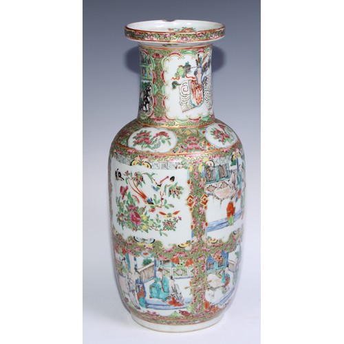 778 - A pair of Cantonese famille rose roleau vases, painted with Chinese figures, butterflies, flowers an... 