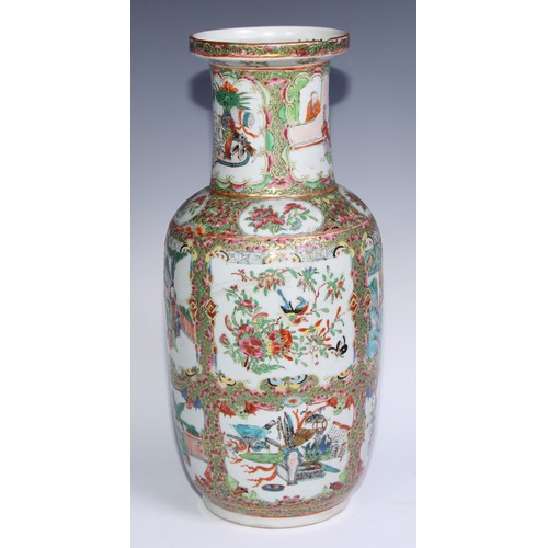 778 - A pair of Cantonese famille rose roleau vases, painted with Chinese figures, butterflies, flowers an... 