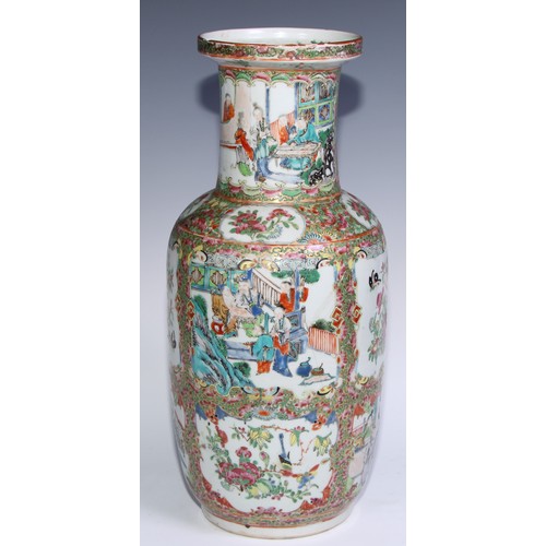 778 - A pair of Cantonese famille rose roleau vases, painted with Chinese figures, butterflies, flowers an... 