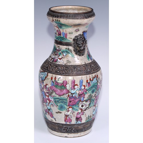 779 - A pair of Chinese crackle glazed ovoid vases, decorated in polychrome enamels with battle scenes, mo... 