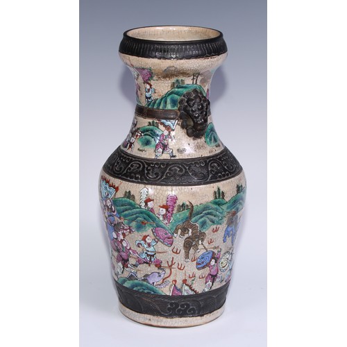 779 - A pair of Chinese crackle glazed ovoid vases, decorated in polychrome enamels with battle scenes, mo... 