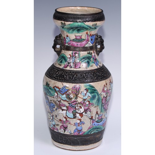 779 - A pair of Chinese crackle glazed ovoid vases, decorated in polychrome enamels with battle scenes, mo... 