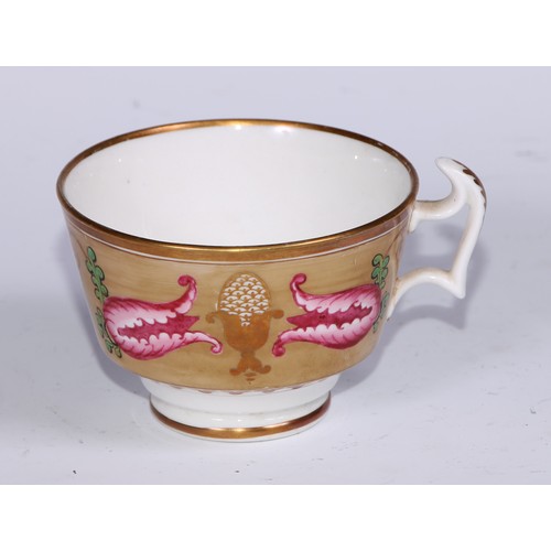 466 - A Swansea trio, comprising tea cup, coffee cup and stand, decorated in the Regency taste with buff t... 