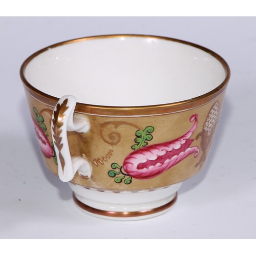 466 - A Swansea trio, comprising tea cup, coffee cup and stand, decorated in the Regency taste with buff t... 