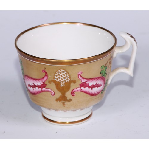 466 - A Swansea trio, comprising tea cup, coffee cup and stand, decorated in the Regency taste with buff t... 