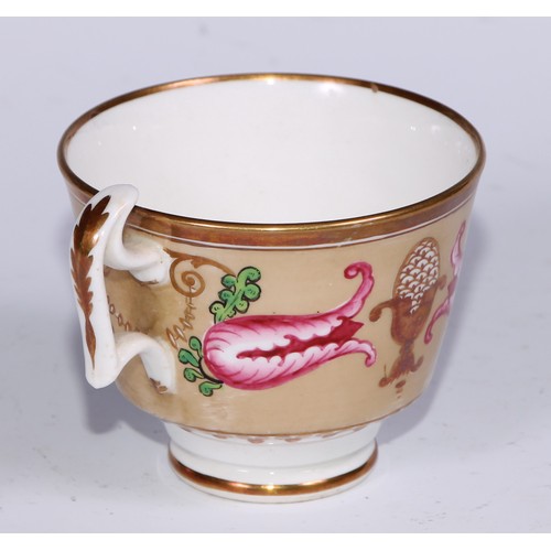 466 - A Swansea trio, comprising tea cup, coffee cup and stand, decorated in the Regency taste with buff t... 