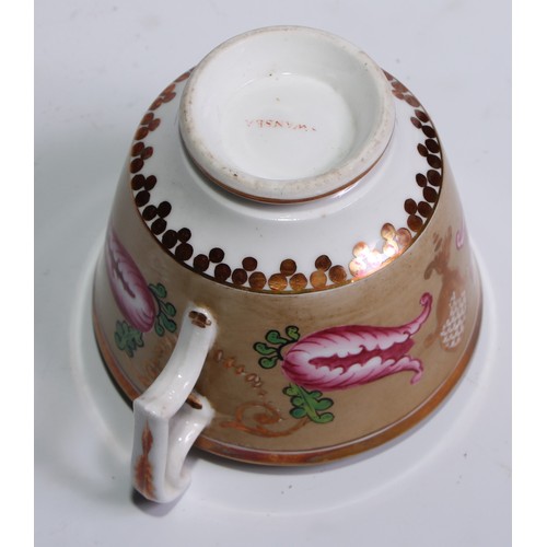 466 - A Swansea trio, comprising tea cup, coffee cup and stand, decorated in the Regency taste with buff t... 