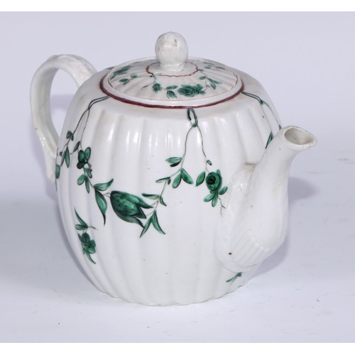 457 - A Bristol fluted barrel shaped teapot, painted in green with swags, 13cm high, blue B mark, c.1775