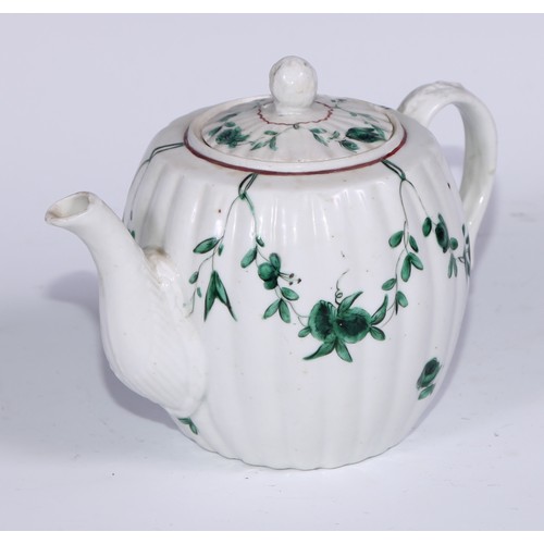 457 - A Bristol fluted barrel shaped teapot, painted in green with swags, 13cm high, blue B mark, c.1775