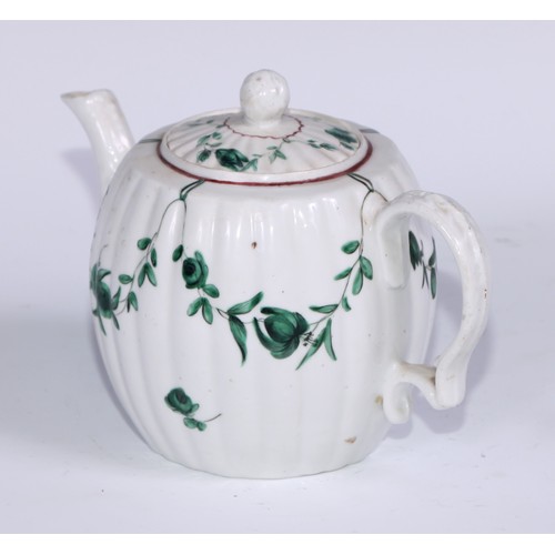 457 - A Bristol fluted barrel shaped teapot, painted in green with swags, 13cm high, blue B mark, c.1775