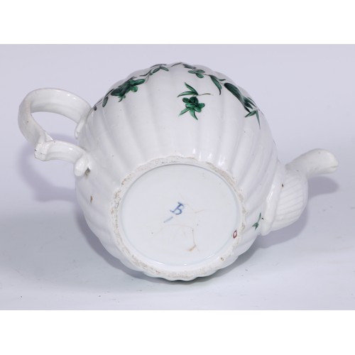 457 - A Bristol fluted barrel shaped teapot, painted in green with swags, 13cm high, blue B mark, c.1775