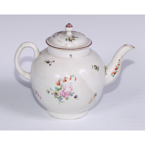 462 - A Derby globular teapot and cover, painted in polychrome with flowers, 19.5cm high, c.1770