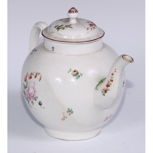 462 - A Derby globular teapot and cover, painted in polychrome with flowers, 19.5cm high, c.1770