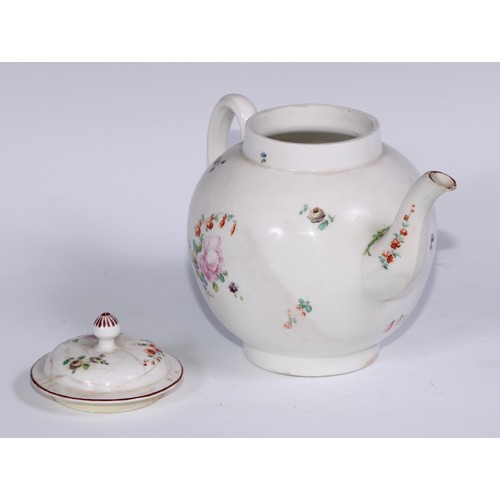 462 - A Derby globular teapot and cover, painted in polychrome with flowers, 19.5cm high, c.1770