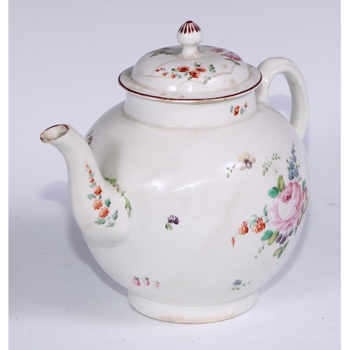 462 - A Derby globular teapot and cover, painted in polychrome with flowers, 19.5cm high, c.1770