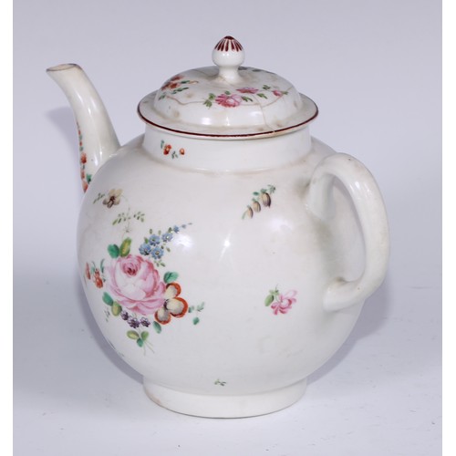 462 - A Derby globular teapot and cover, painted in polychrome with flowers, 19.5cm high, c.1770